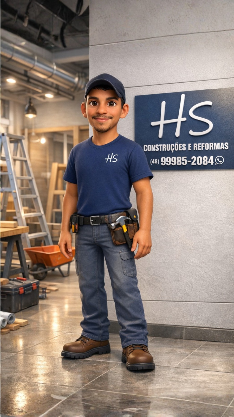 Trabalhador de construção com uniforme HS e logo da empresa no fundo